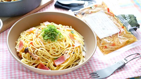 3COINS＋plusで手に入る『ごはんもん「しょうがご膳」』で作るパスタがキャンプ飯にもぴったり！