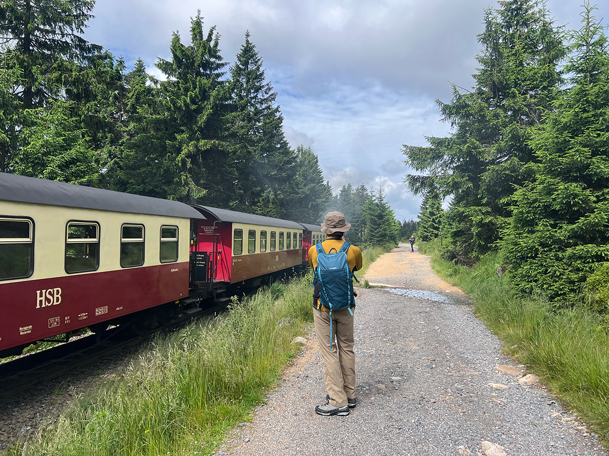 登山道のすぐそばを走る列車