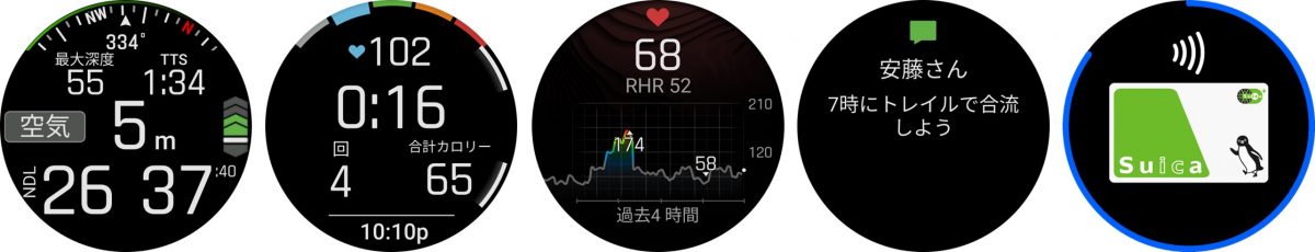 左から、ダイビング、筋トレ、心拍計、通知機能、Suica